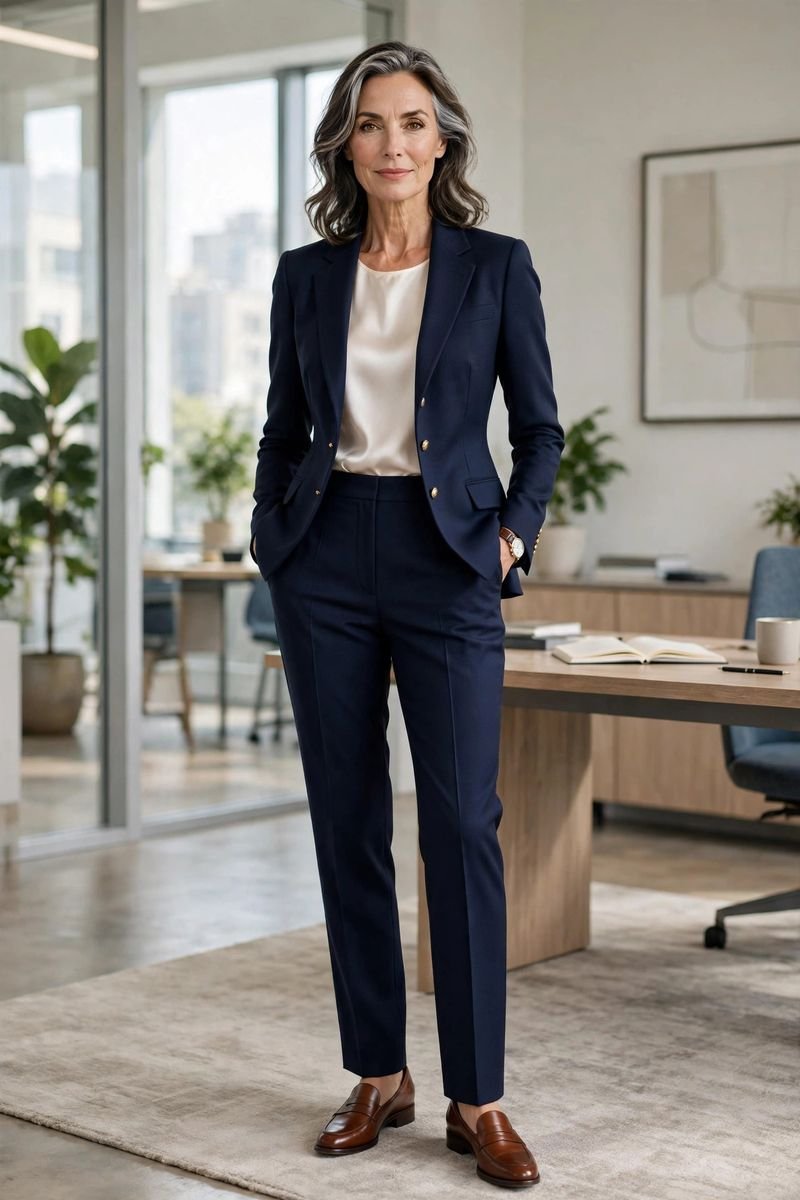 Elegant mature woman wearing navy blazer
