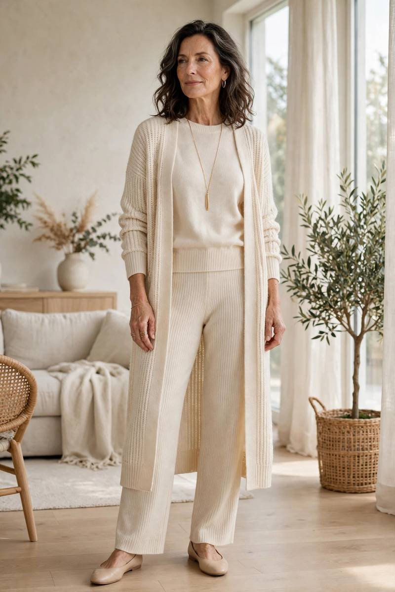 Mature woman wearing ivory knit set with long cardigan