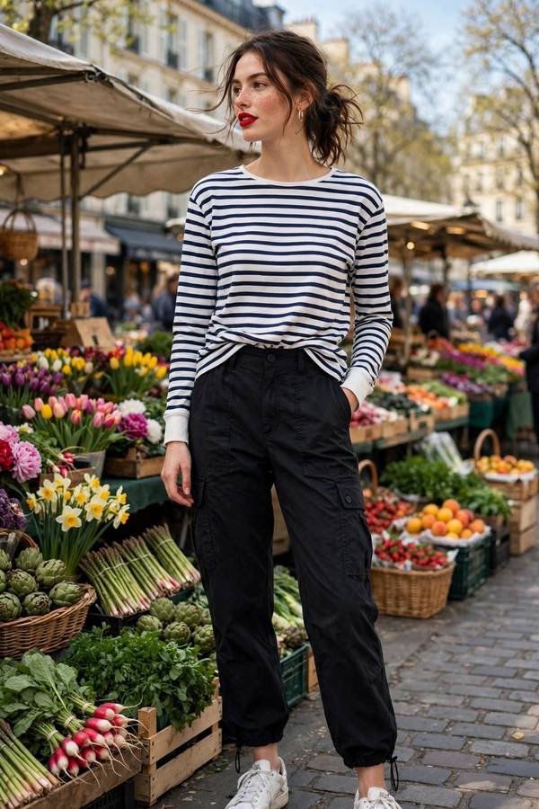 Woman wearing black cargo pants with a striped long-sleeve top