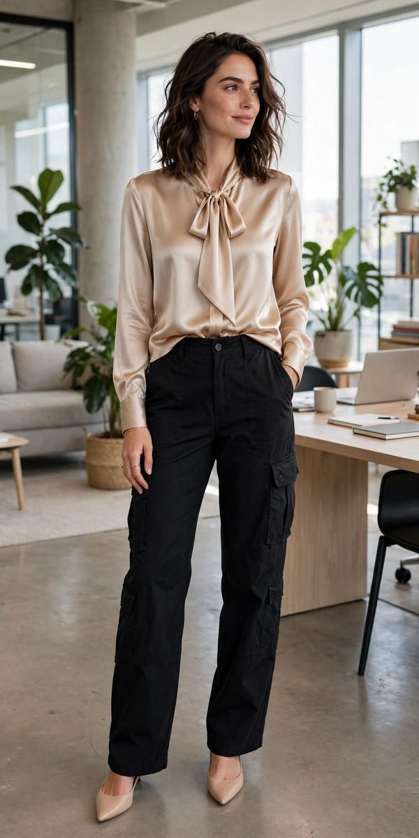 Woman wearing black cargo pants with a silk blouse