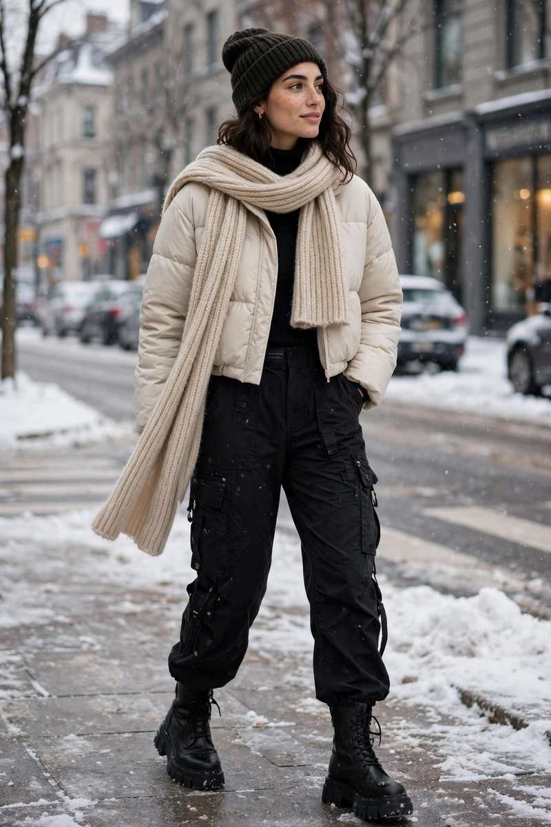 Woman wearing black cargo pants with a cropped puffer jacket