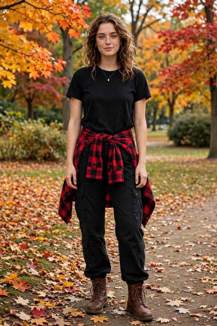 Woman with plaid flannel shirt and black cargo pants fall outfit