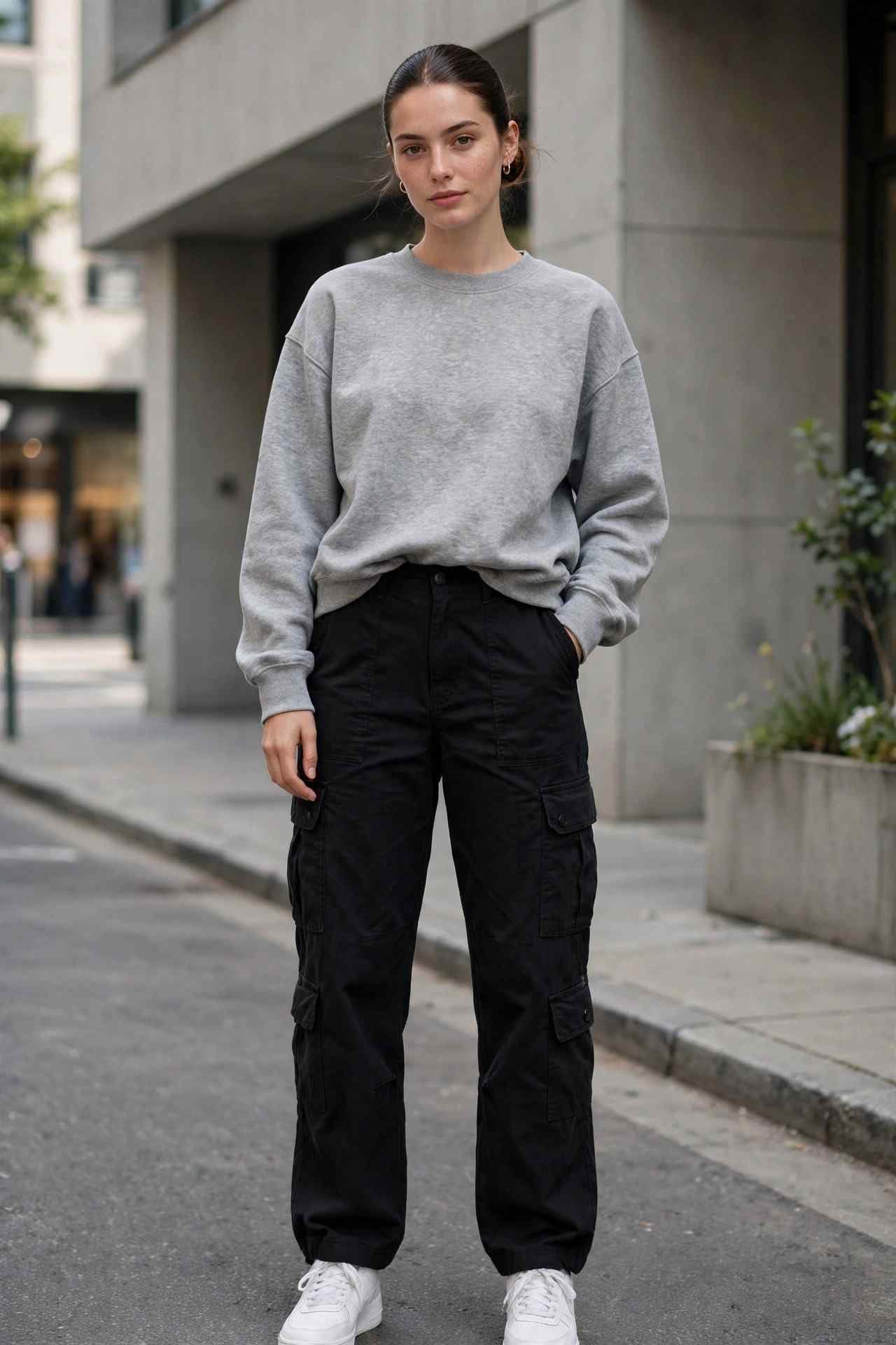 Woman in boxy sweatshirt and black cargo pants casual outfit