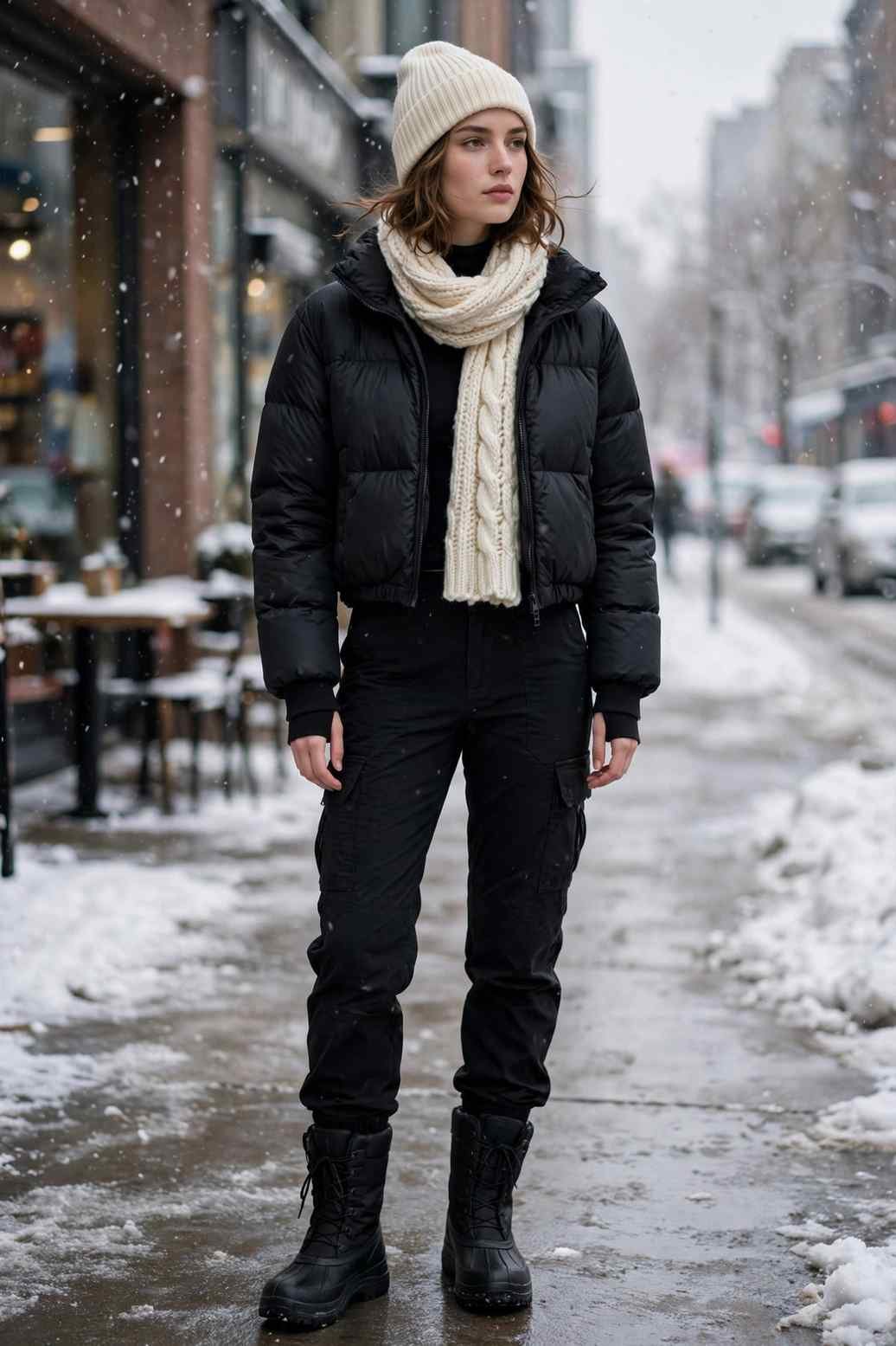 Woman in black puffer jacket and black cargo pants winter outfit