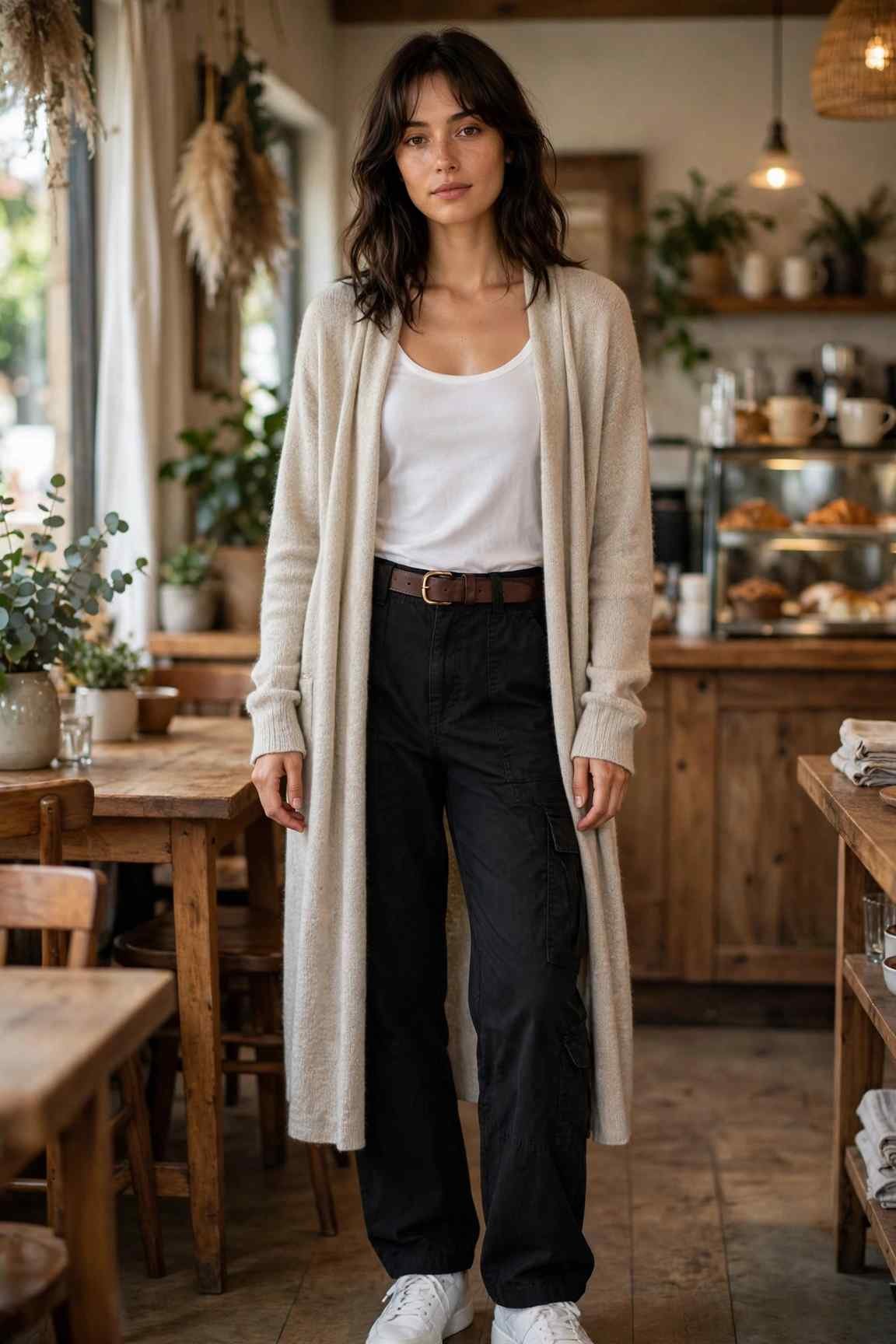 Woman in long cardigan with black cargo pants casual layered outfit