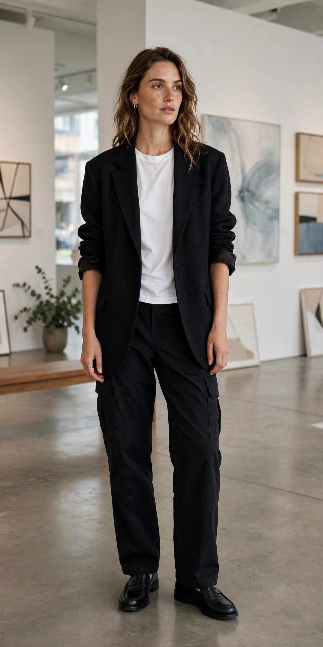 Woman in oversized blazer with black cargo pants smart casual outfit