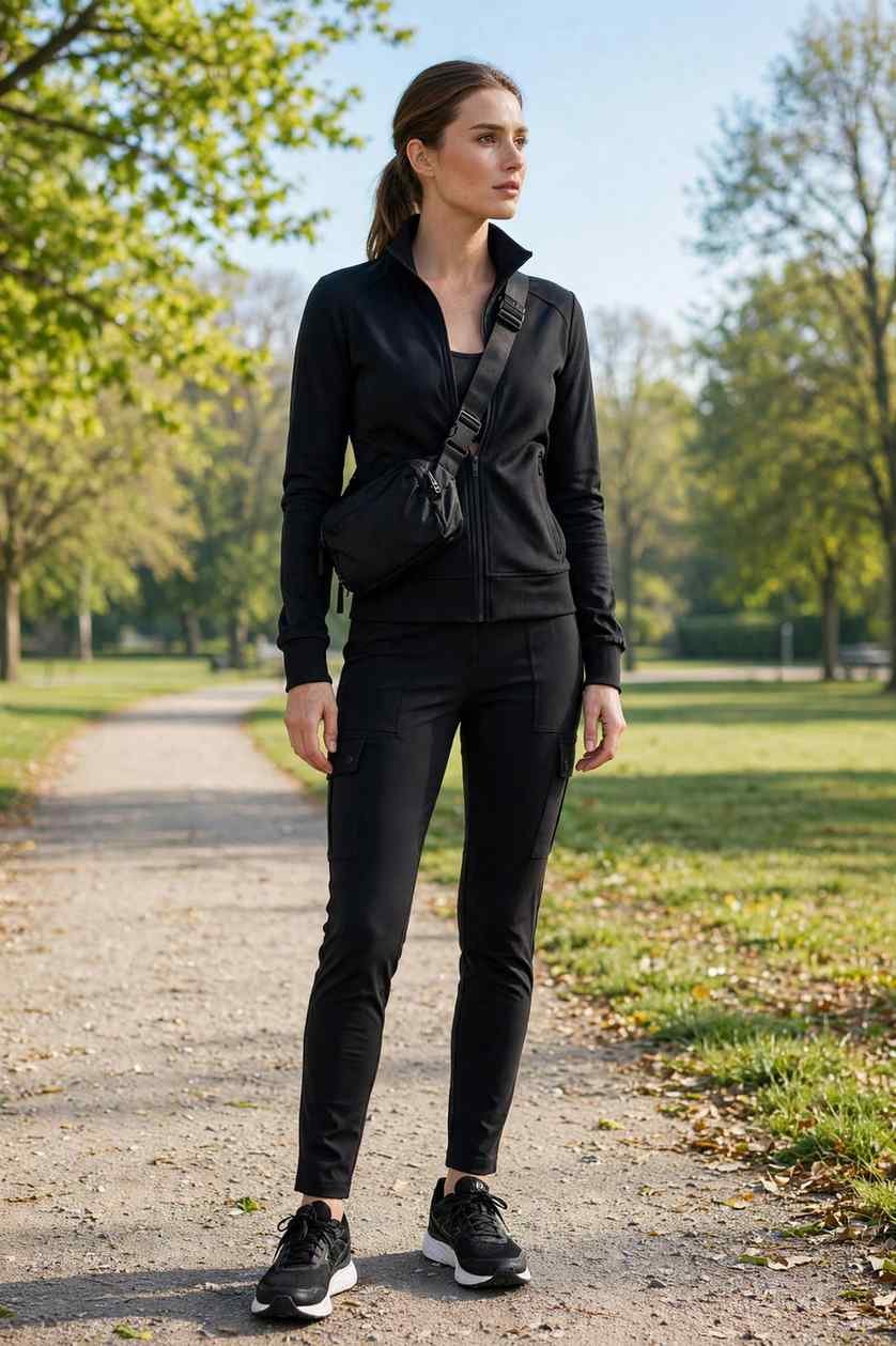 Woman in athleisure zip-up jacket and black cargo pants sporty outfit