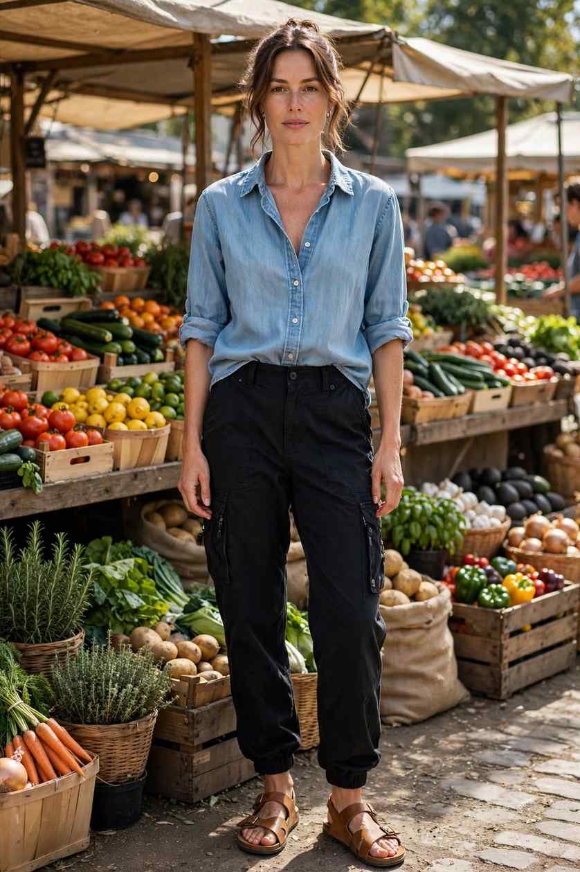 Woman in chambray denim shirt tucked into black cargo pants