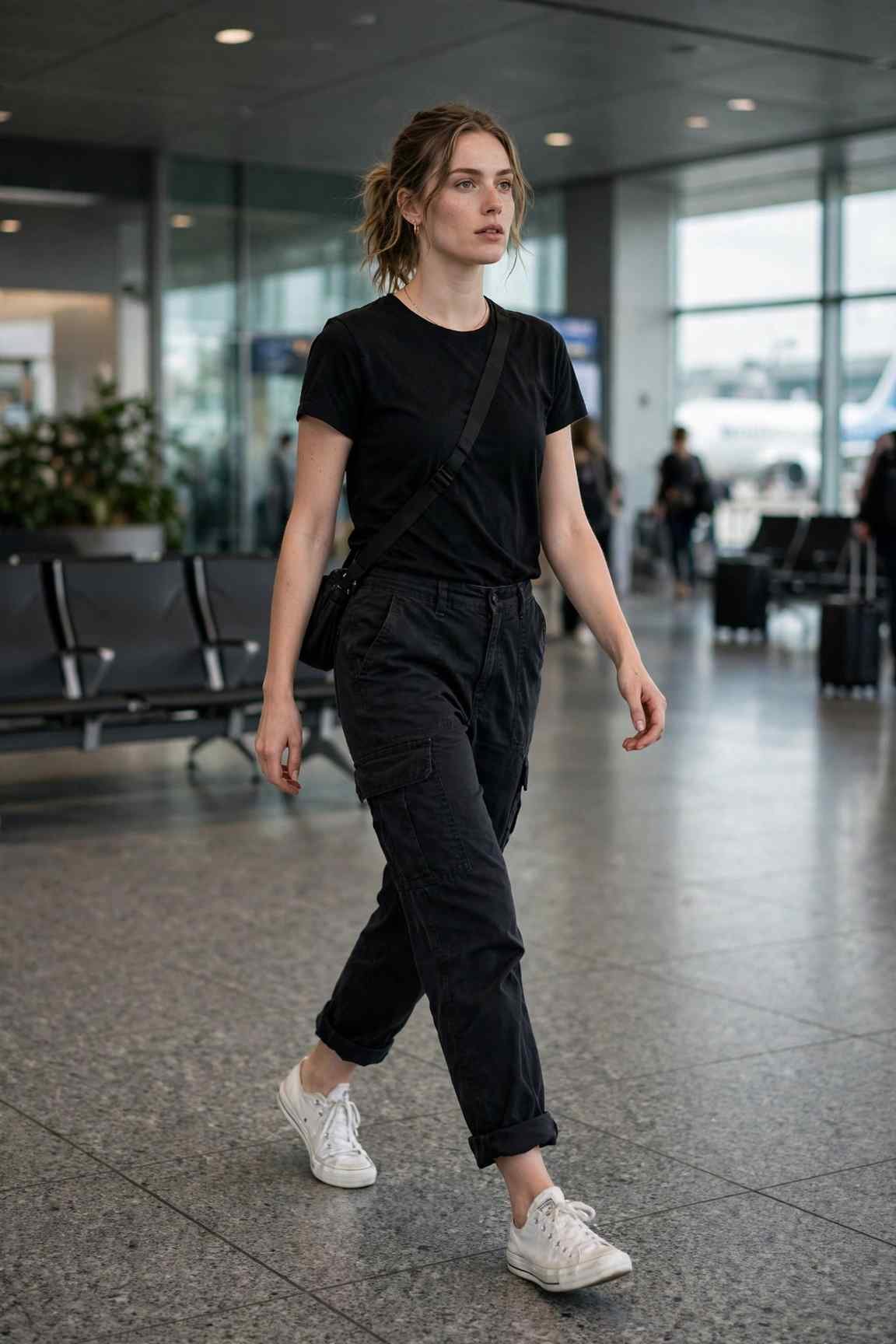 Woman wearing classic canvas sneakers with black cargo pants