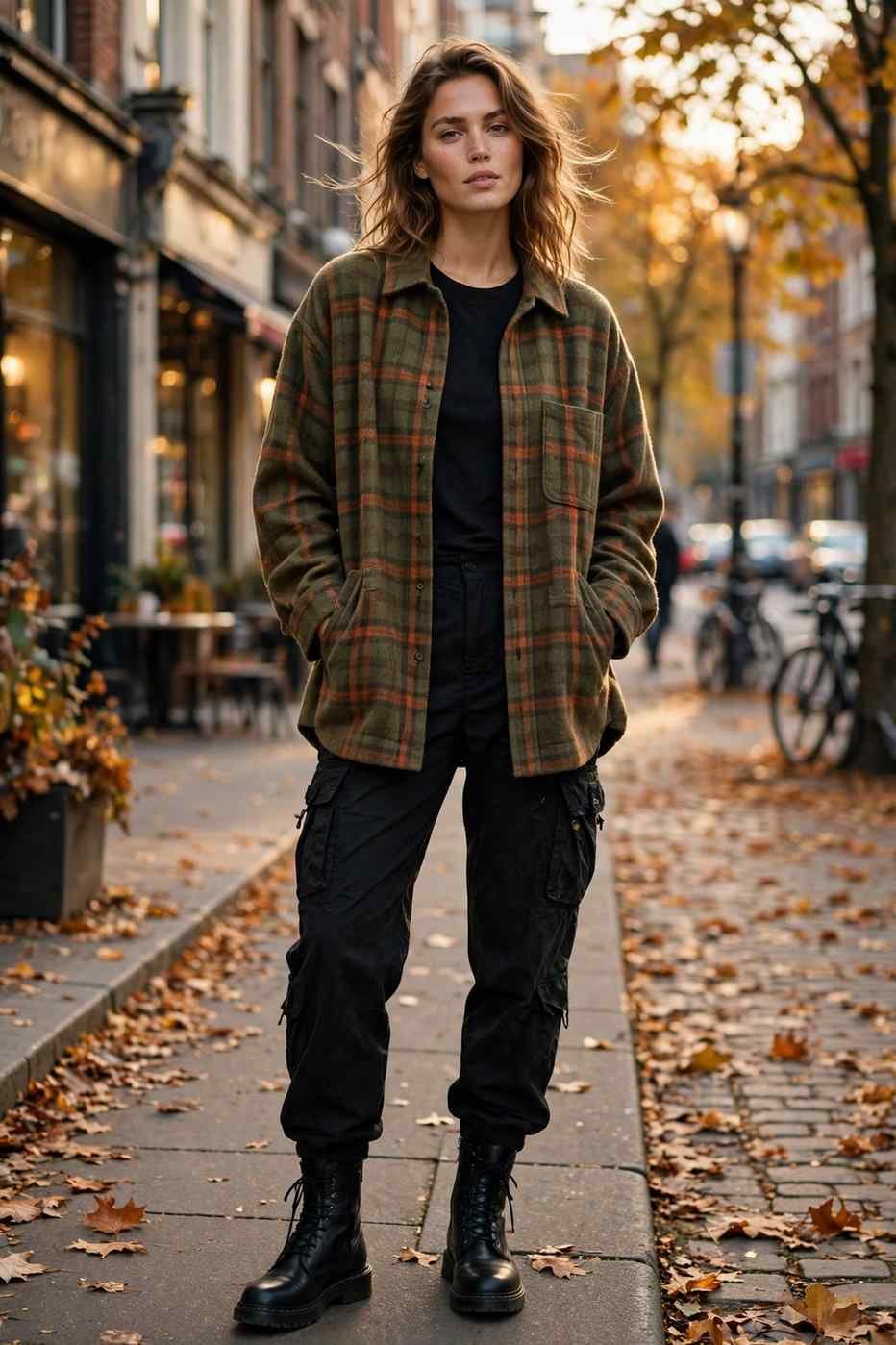 Woman in plaid shacket with black cargo pants fall layered outfit