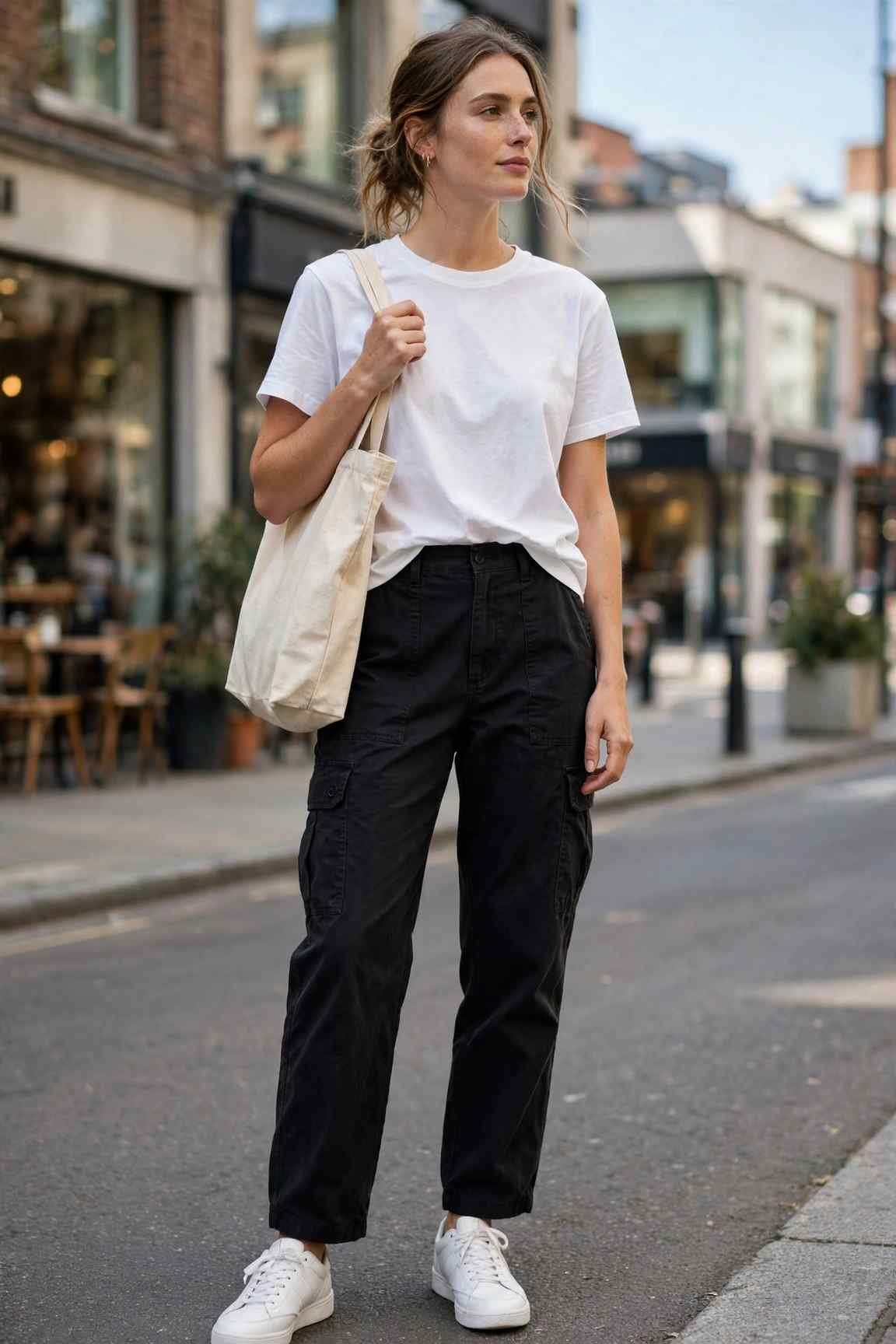 Woman wearing white t-shirt with black cargo pants and white sneakers