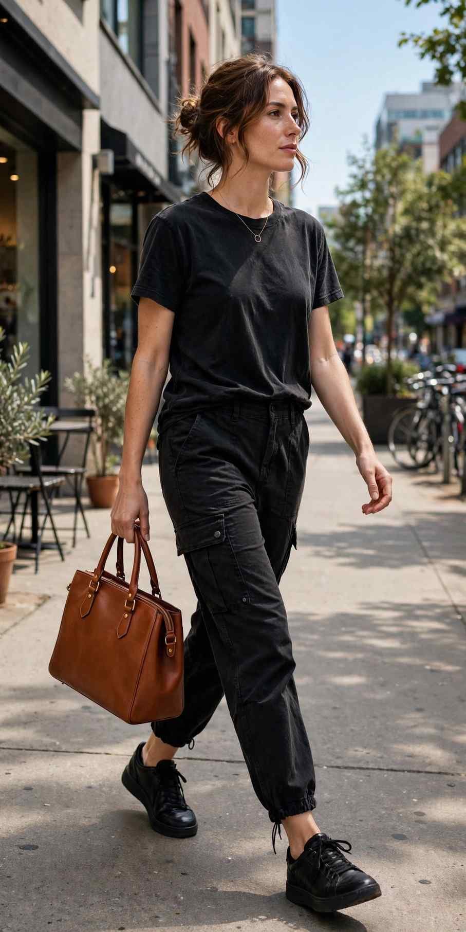 Woman in all black casual outfit with black cargo pants
