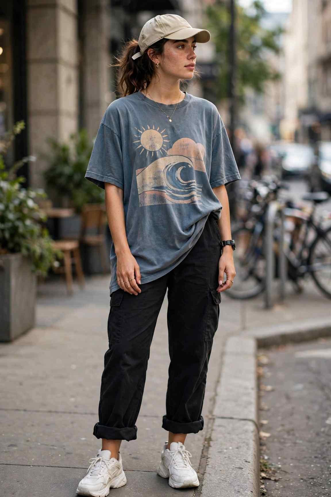 Woman in oversized graphic tee and black cargo pants street style