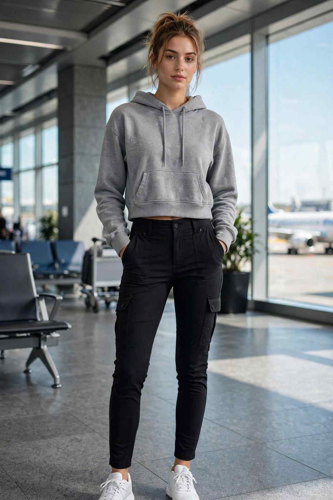 Woman in cropped hoodie and high-waisted black cargo pants