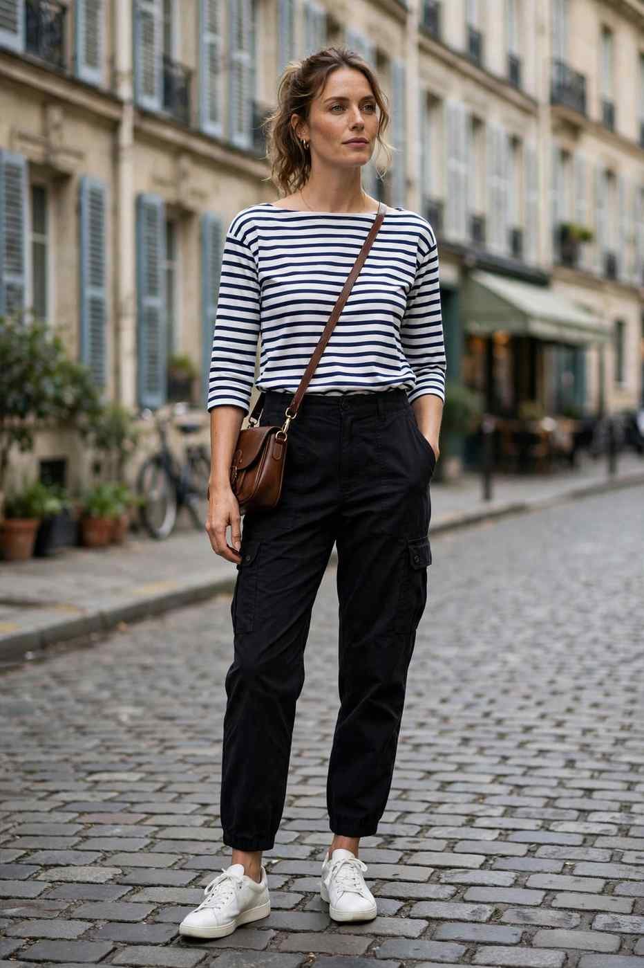 Woman wearing Breton striped top with black cargo pants