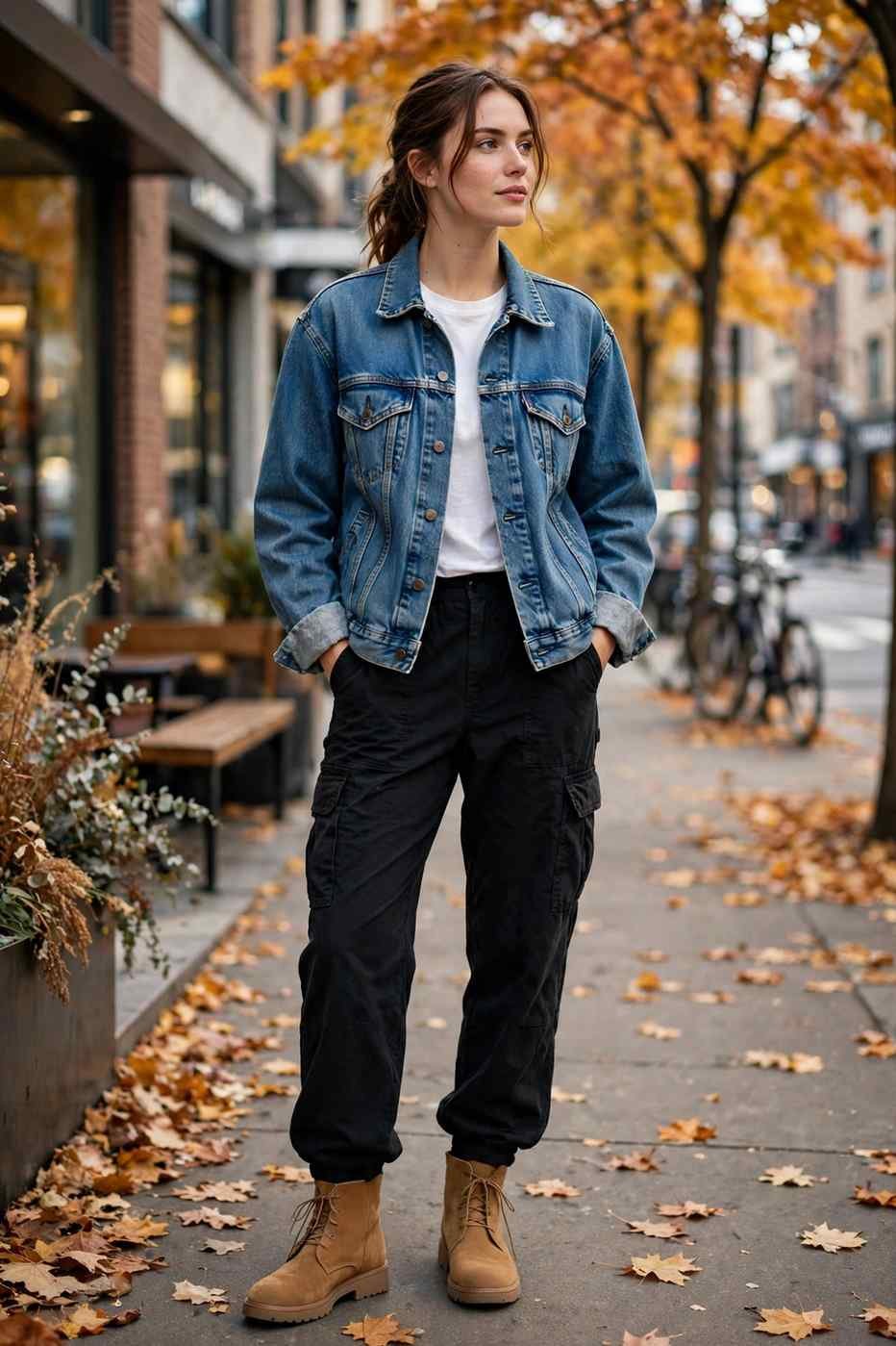 Woman in denim jacket with black cargo pants casual outfit