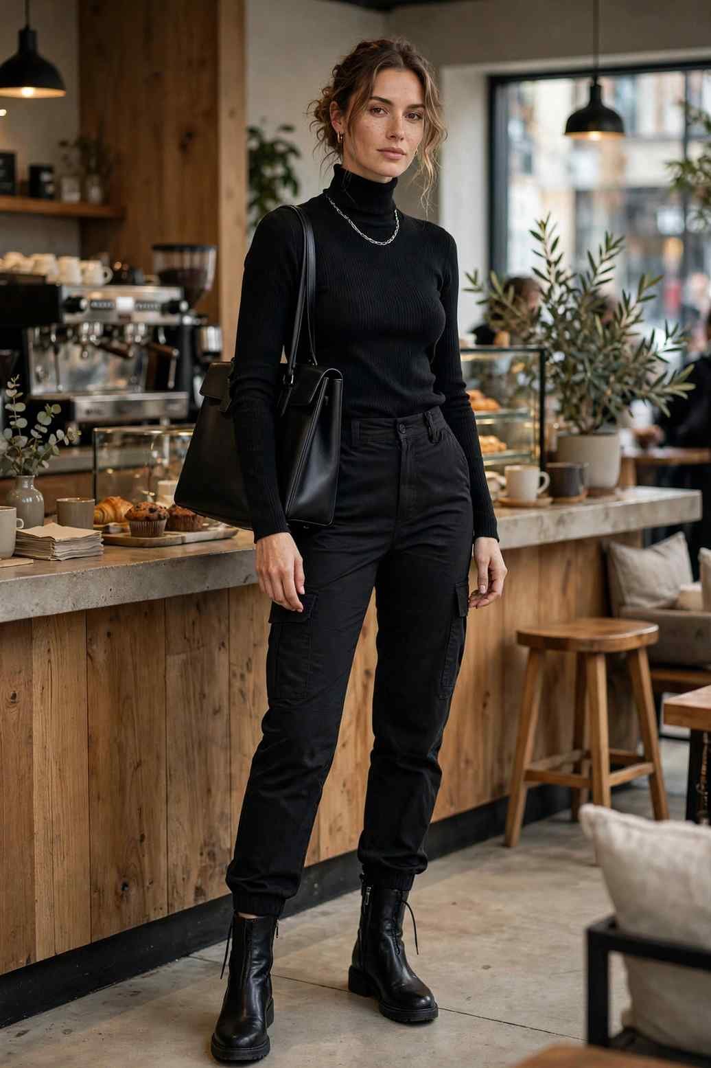 Woman in black turtleneck and black cargo pants monochrome outfit