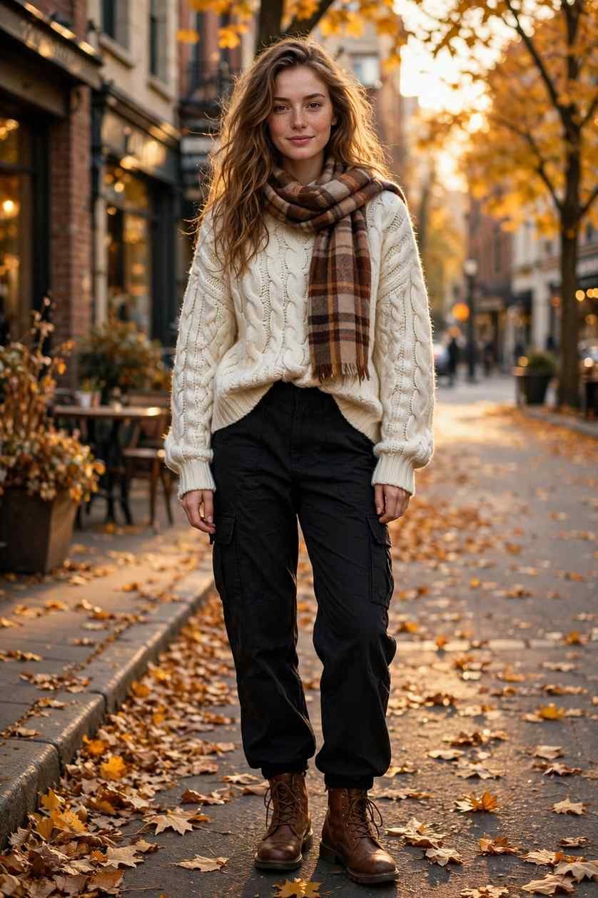 Woman in chunky knit sweater and black cargo pants fall outfit