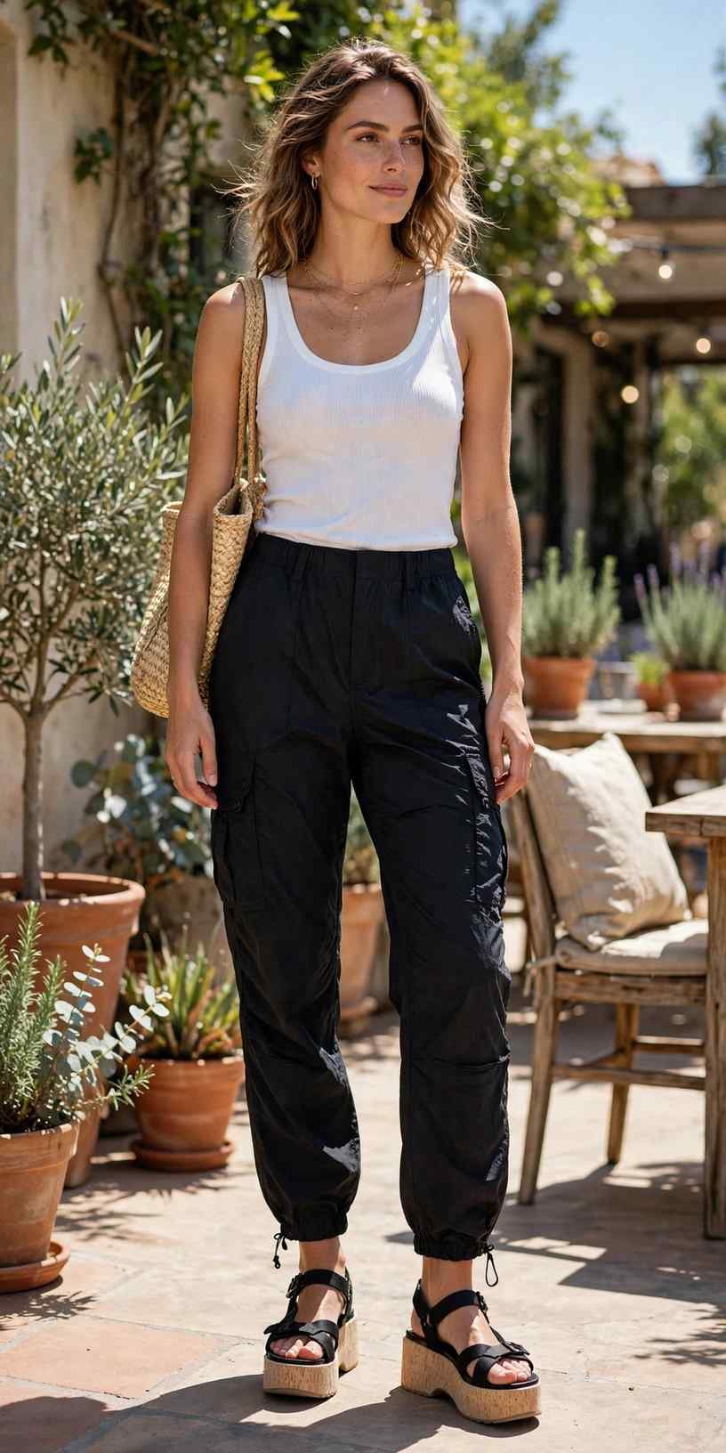 Woman in white tank top and black cargo pants summer outfit