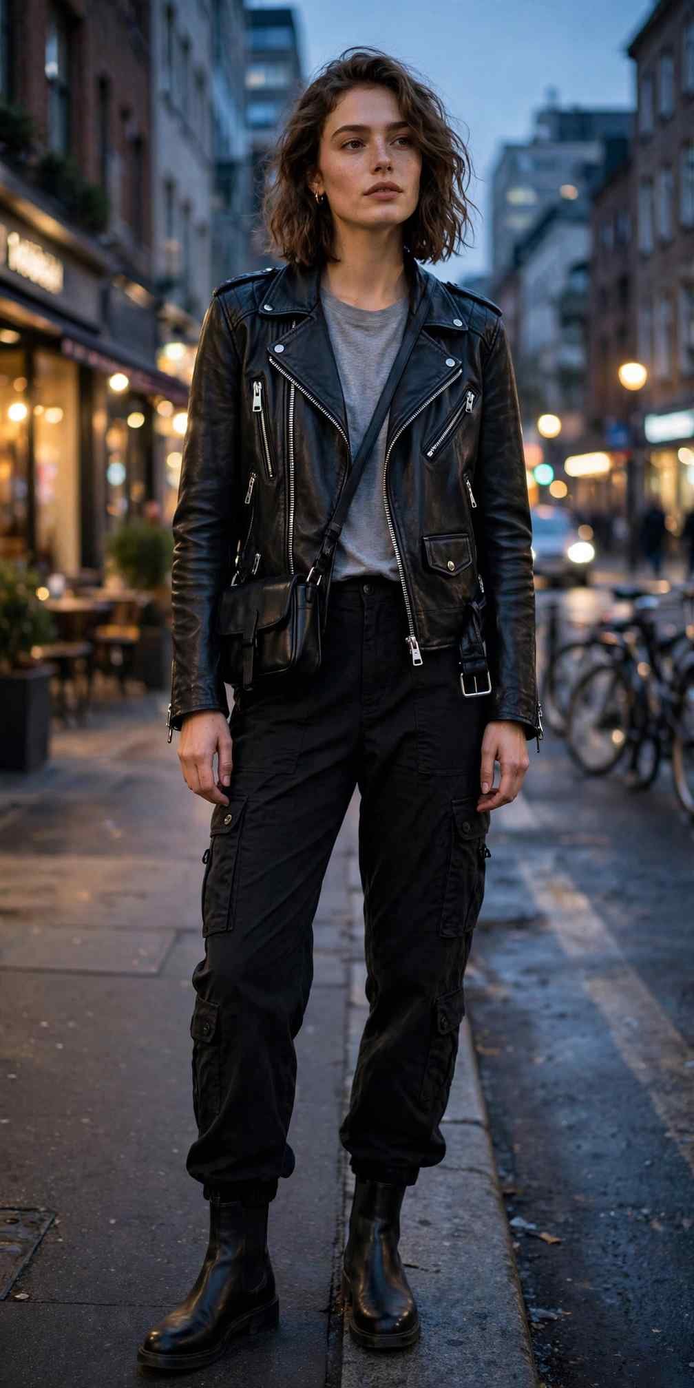 Woman in black leather jacket and black cargo pants edgy outfit