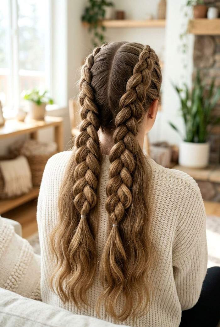 Woman with double Dutch braids, neat and secure hairstyle