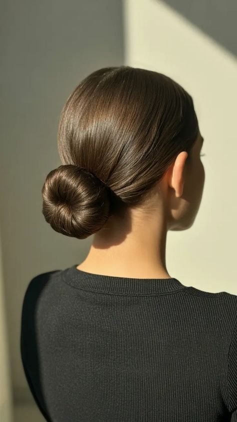 Low bun hairstyle that holds thick voluminous hair