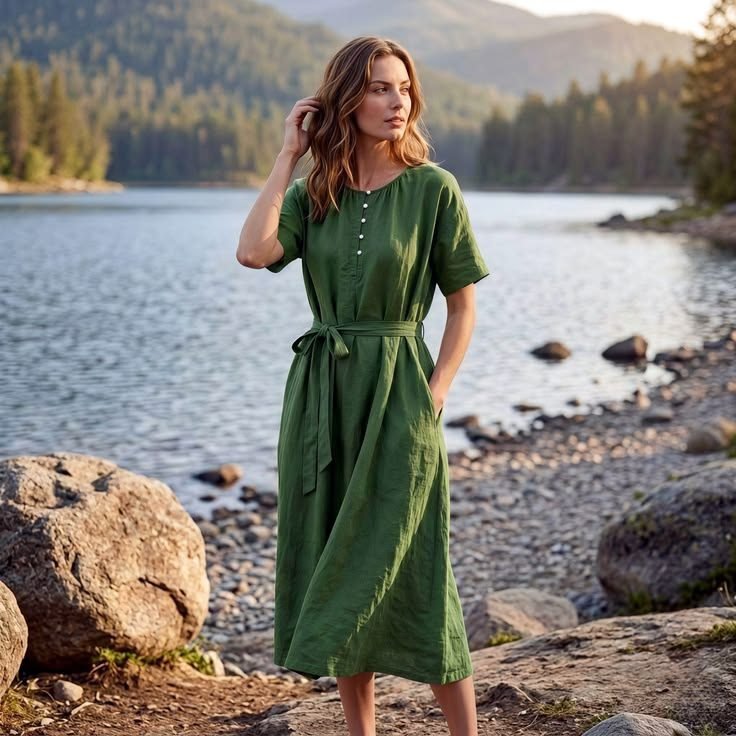 Woman in a relaxed linen dress, natural summer elegance