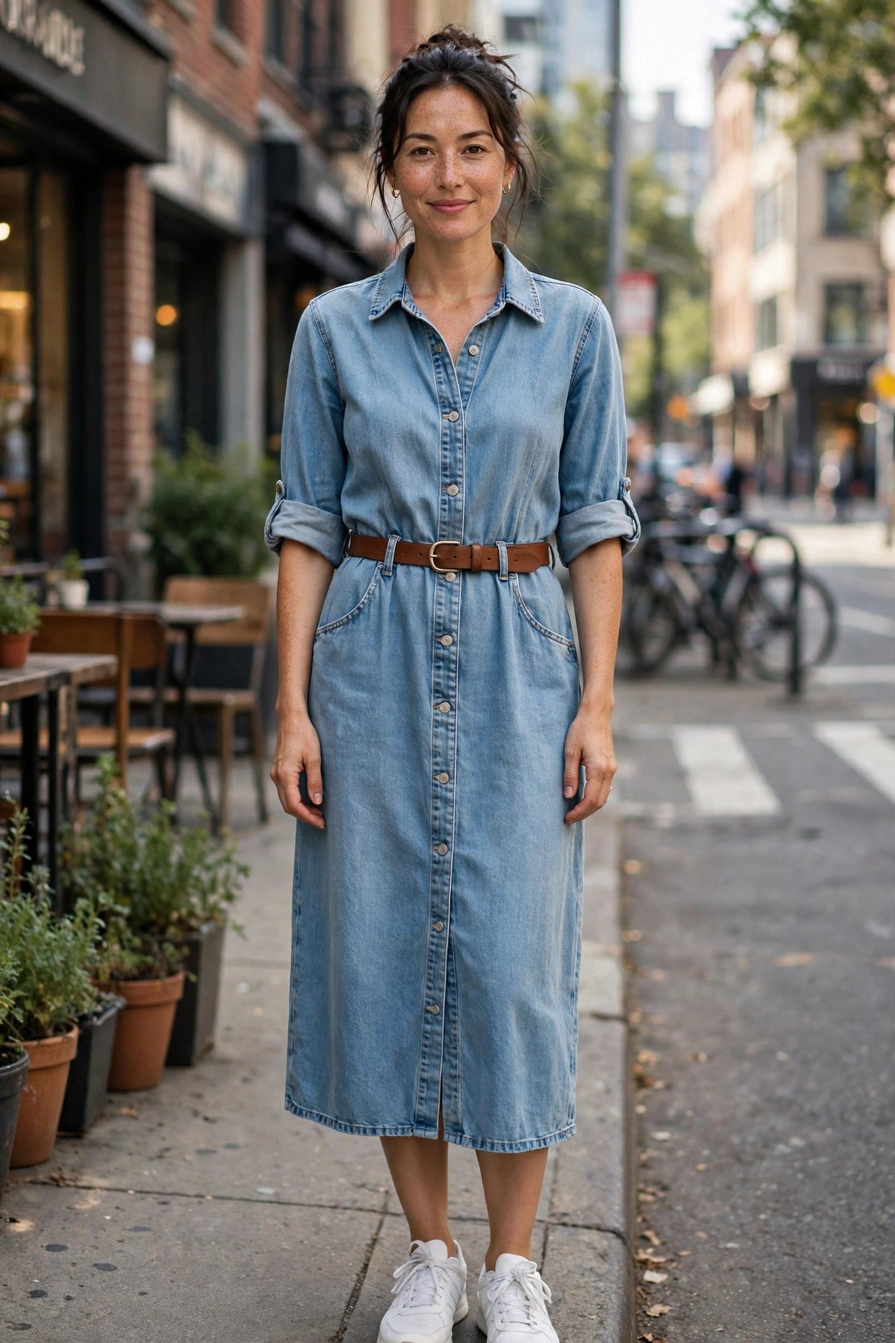 Denim dress styled for everyday wear