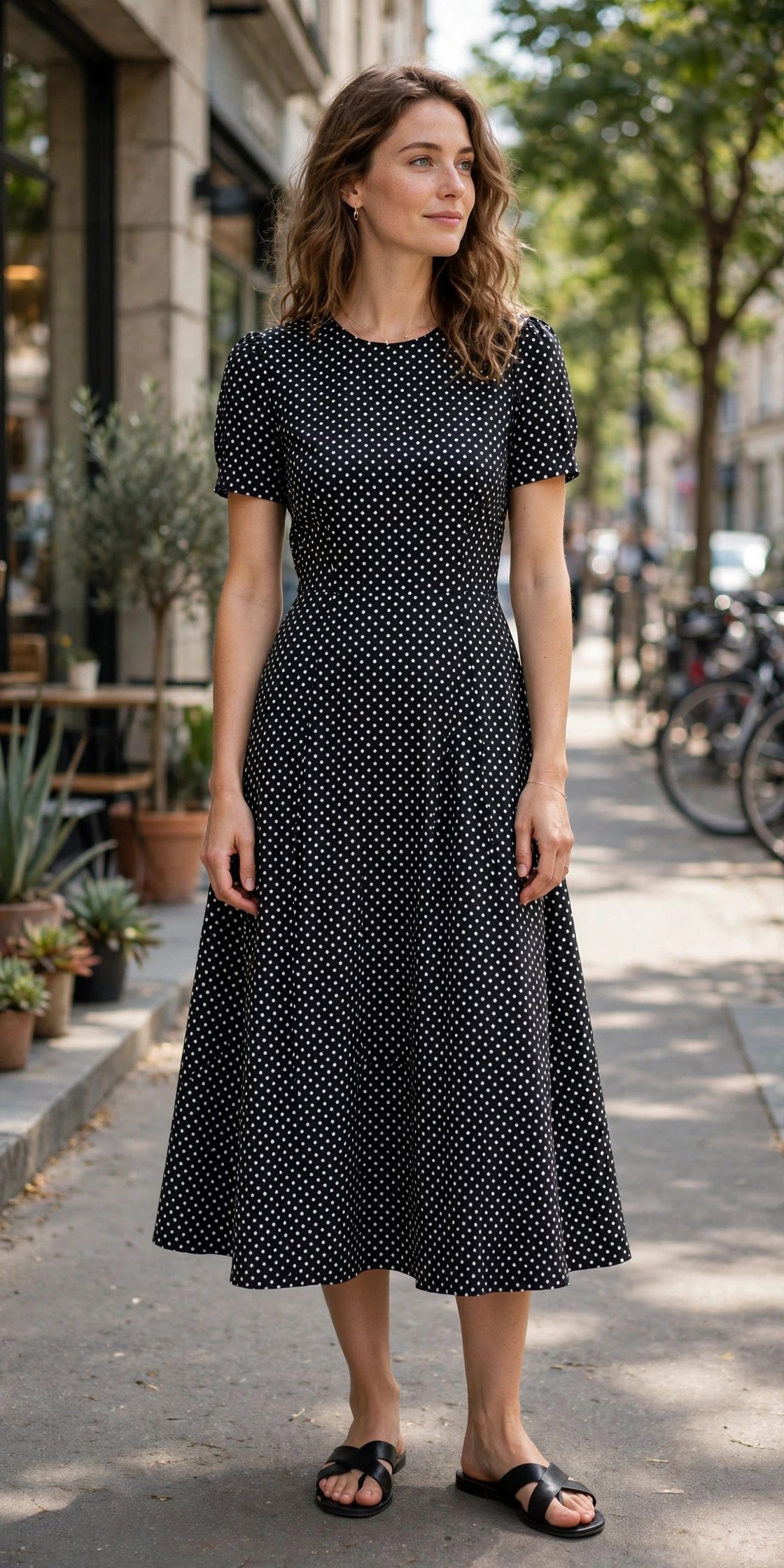 Polka dot dress styled casually for everyday