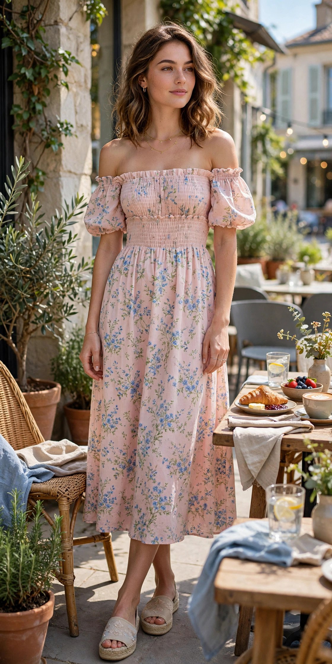 Off-shoulder dress for brunch, pretty daytime look