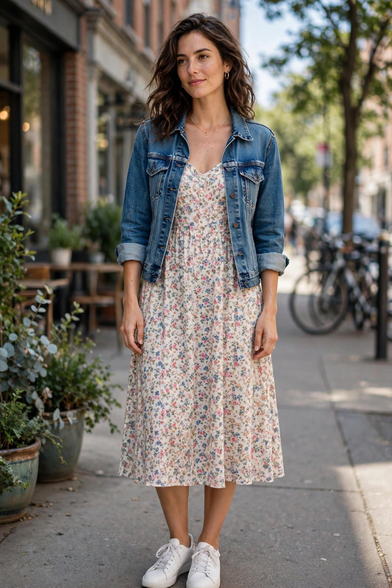 Denim jacket over a casual dress for everyday