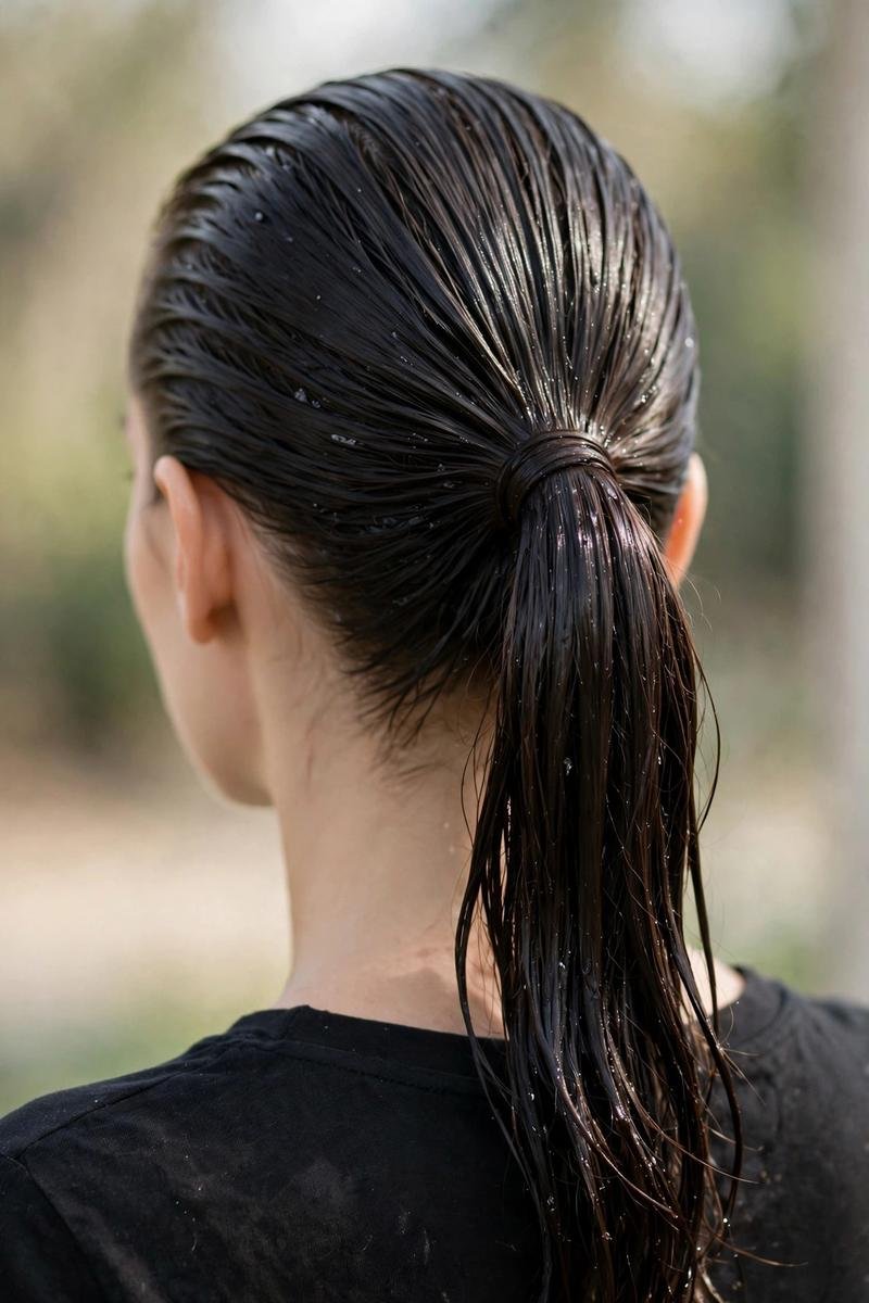 slicked back wet look ponytail - party hairstyle for long hair