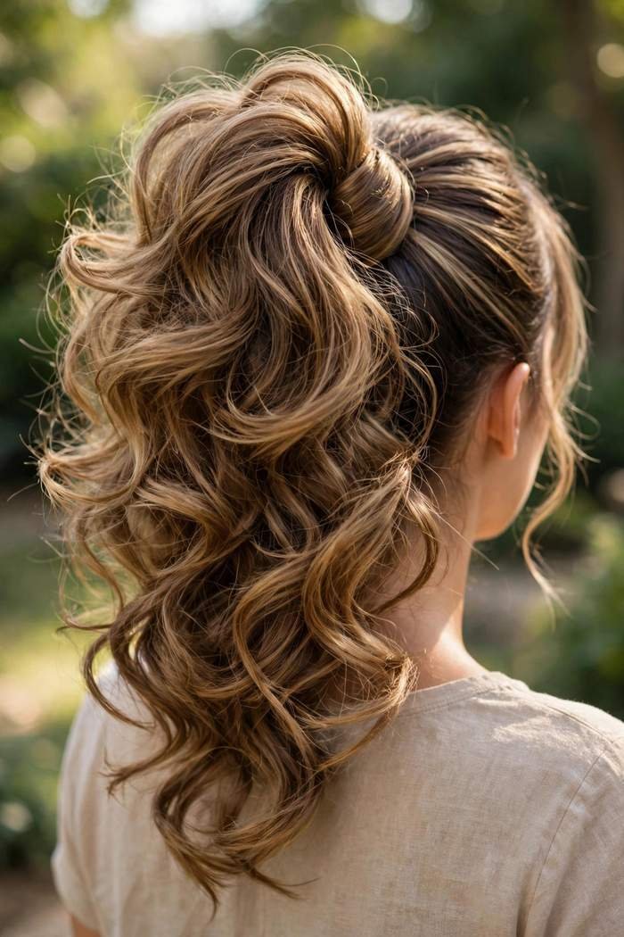 bouncy high ponytail long hair wrap - party hairstyle for long hair