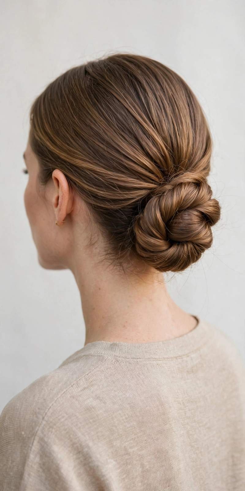 Brunette woman with a twisted updo hairstyle