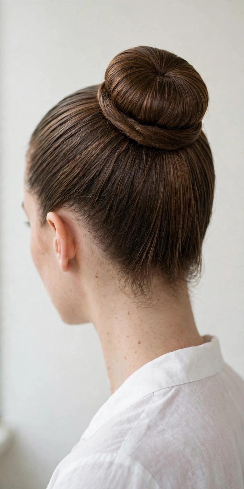 Artistic portrait of a woman with a creative updo hairstyle