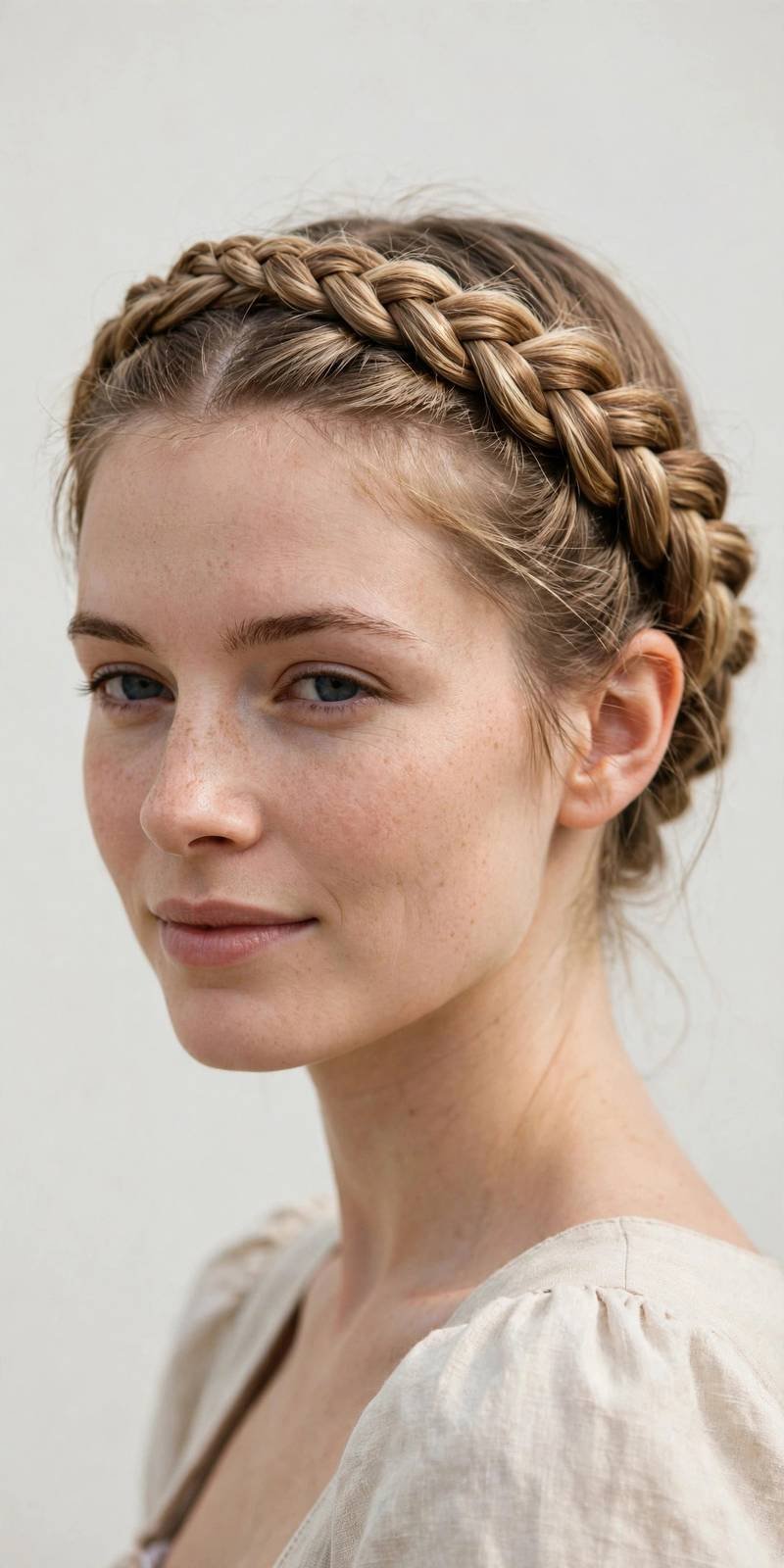 Woman with a colorful braided hairstyle in white sleeves