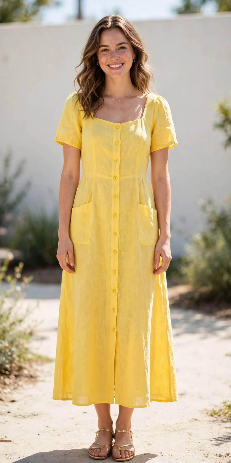 Woman in a yellow dress skateboarding at a skate park