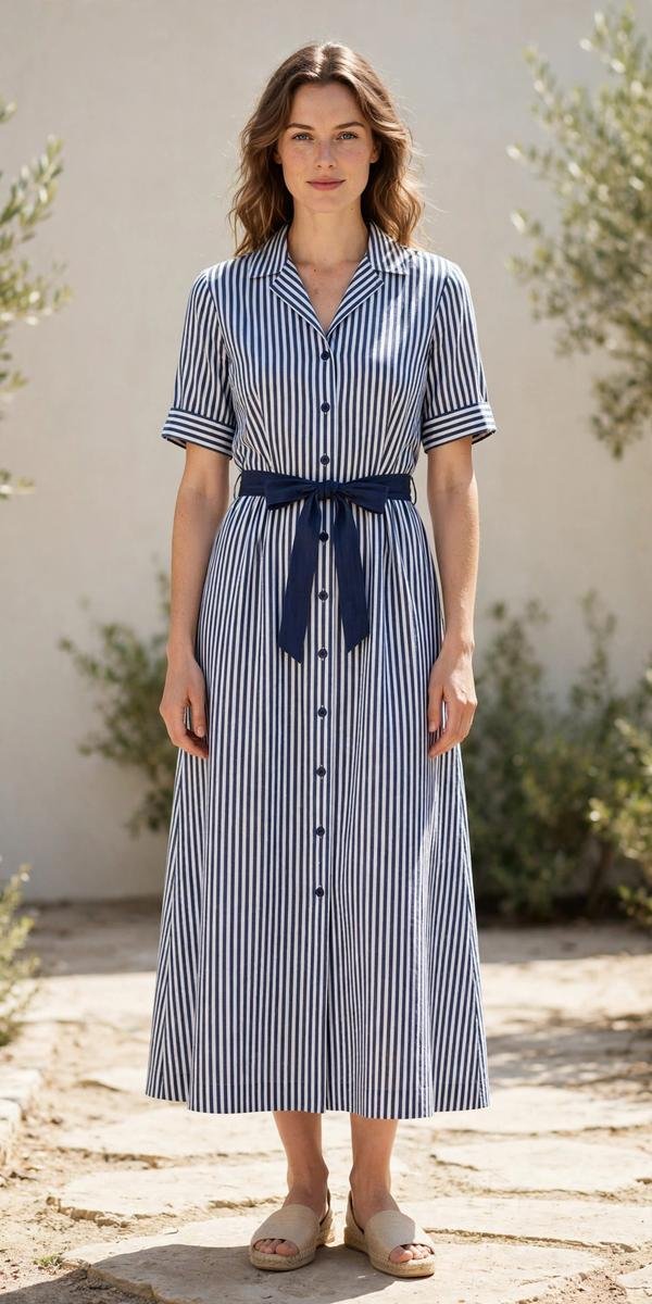 Stylish woman in a striped dress indoors