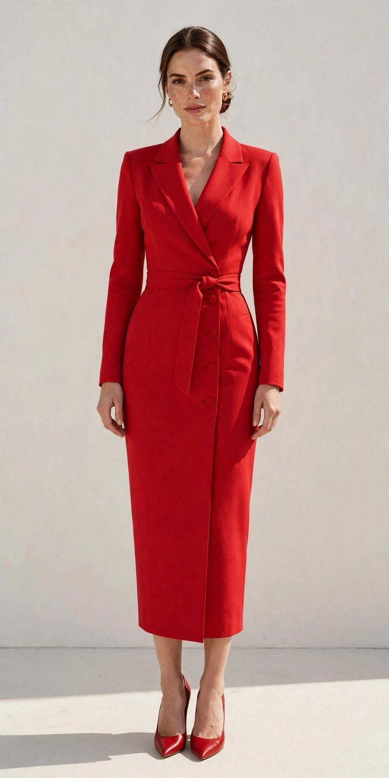 Professional businesswoman in a red dress at an office desk