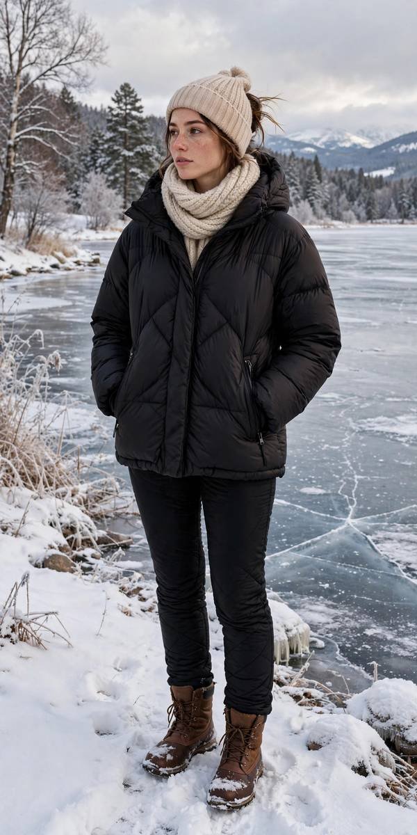 Woman in a puffer jacket standing by a frozen lake