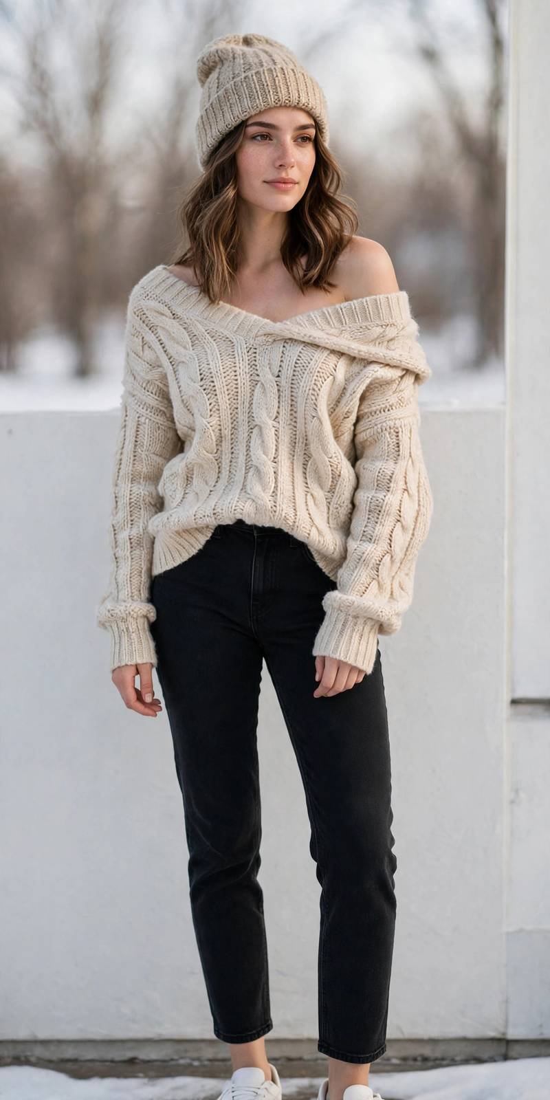 Woman in an off-shoulder knit sweater with a white beanie