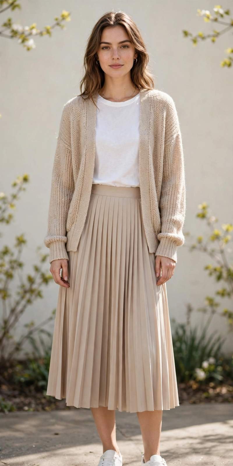 Woman in a beige cardigan and pleated midi skirt