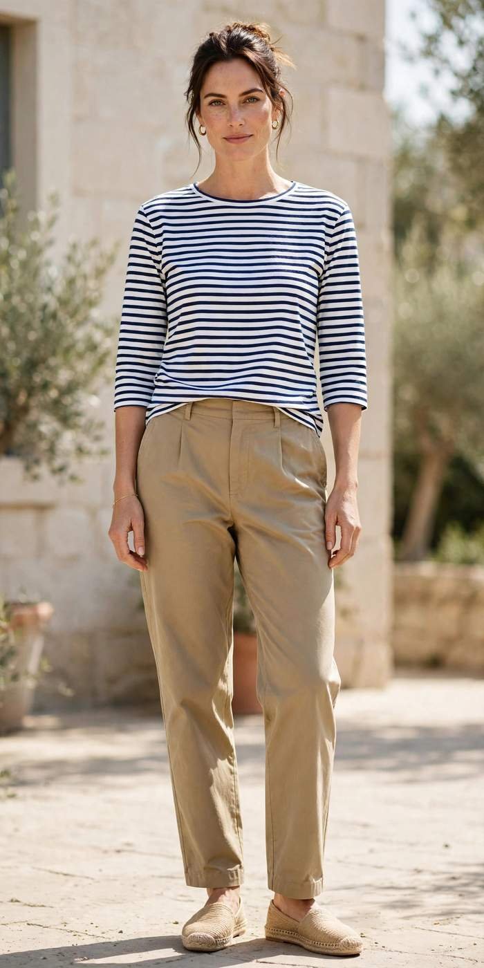 Woman in a striped Breton top with khaki trousers