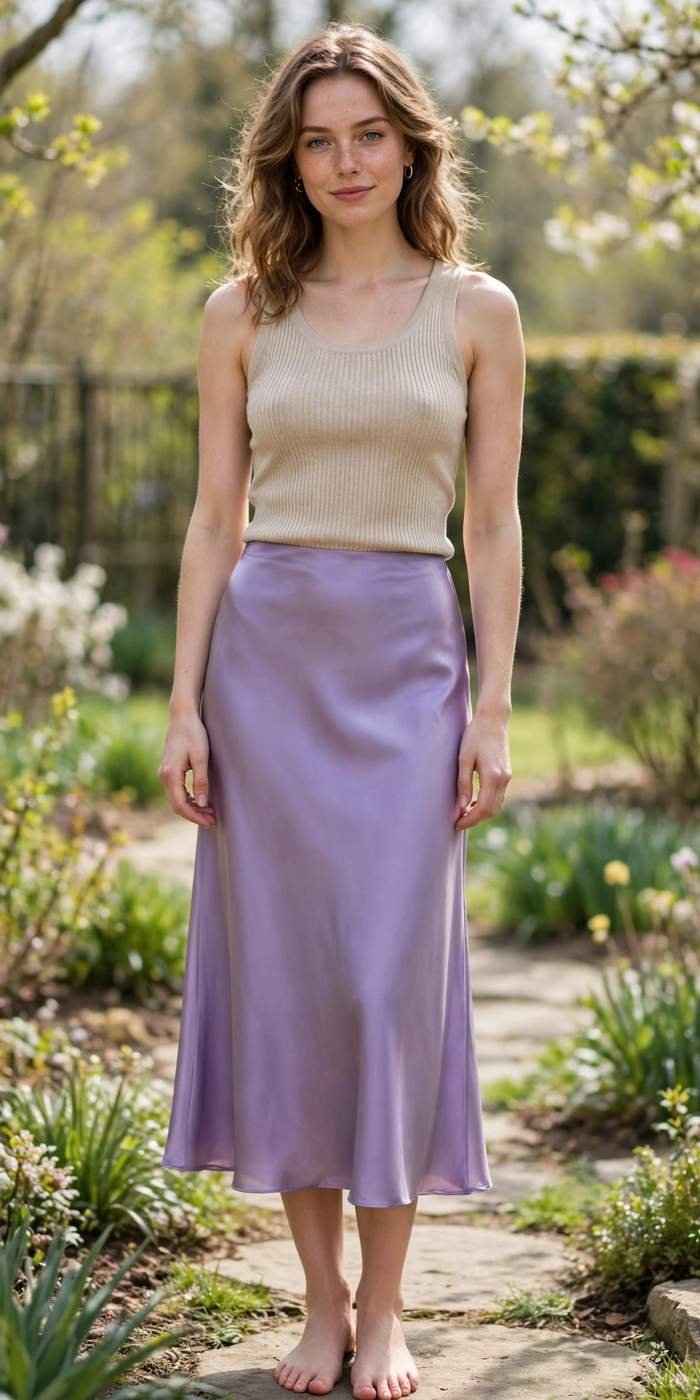 Woman in a lavender satin slip skirt with a fitted knit tank