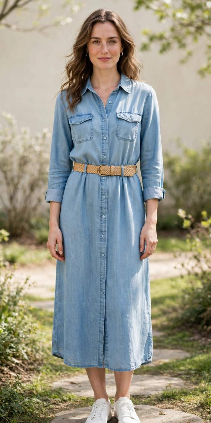 Woman in a chambray shirt dress with a woven belt