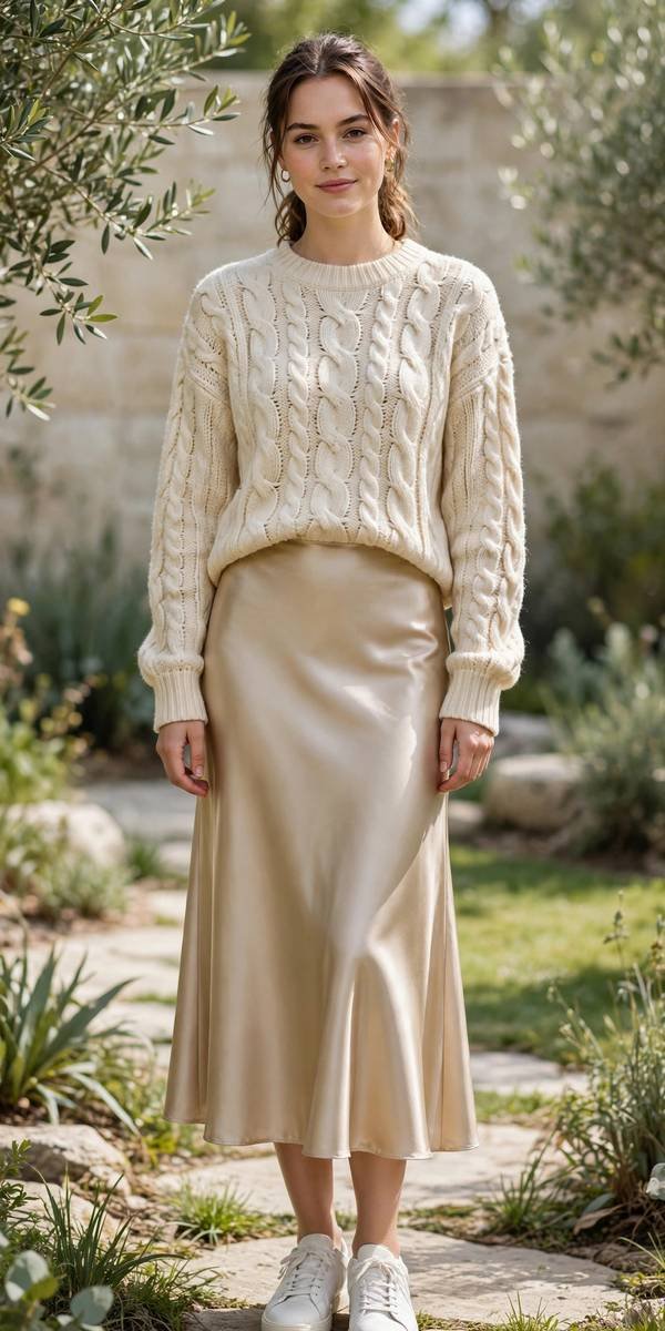 Woman in a cream cable-knit sweater and champagne satin skirt
