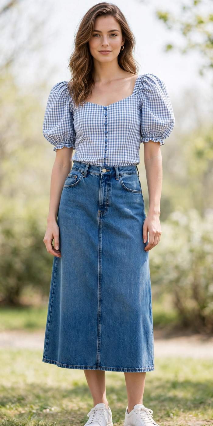 Woman in a denim midi skirt and gingham puff-sleeve top