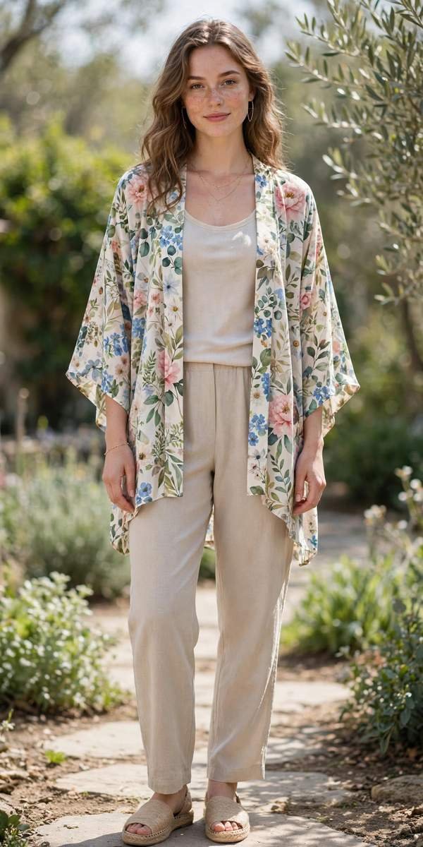 Woman in a floral kimono over a neutral outfit