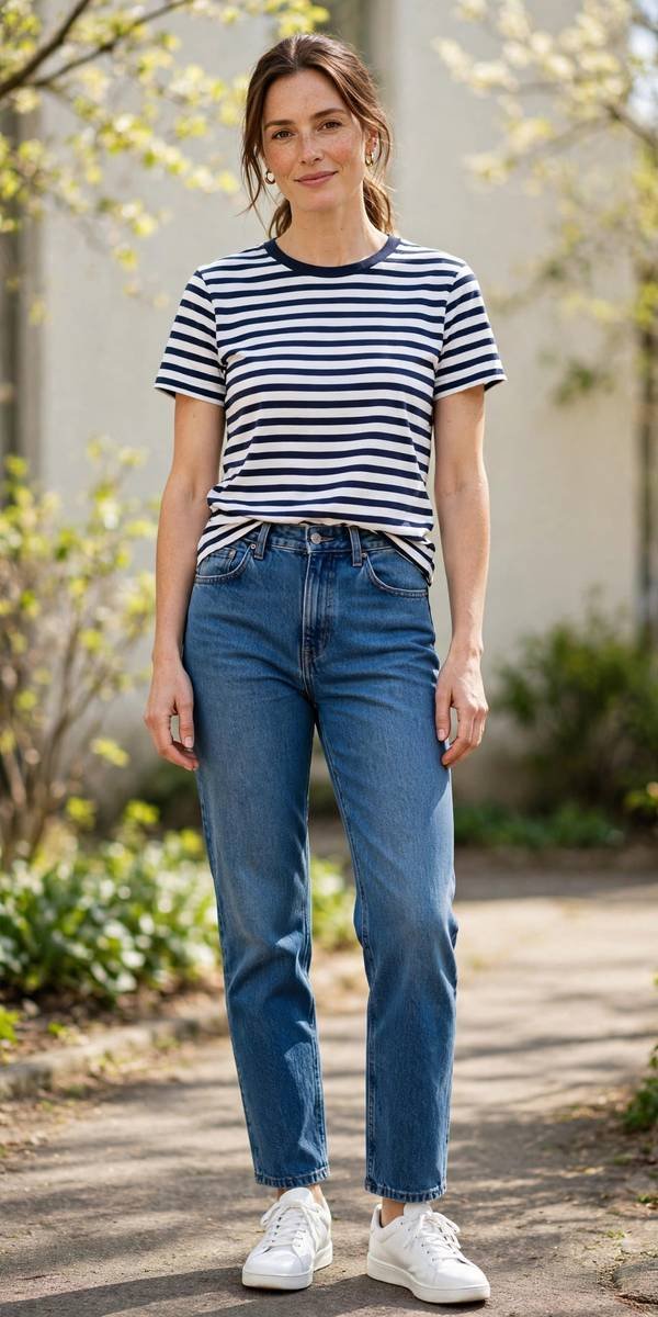 Woman in a striped tee, straight-leg jeans and white sneakers
