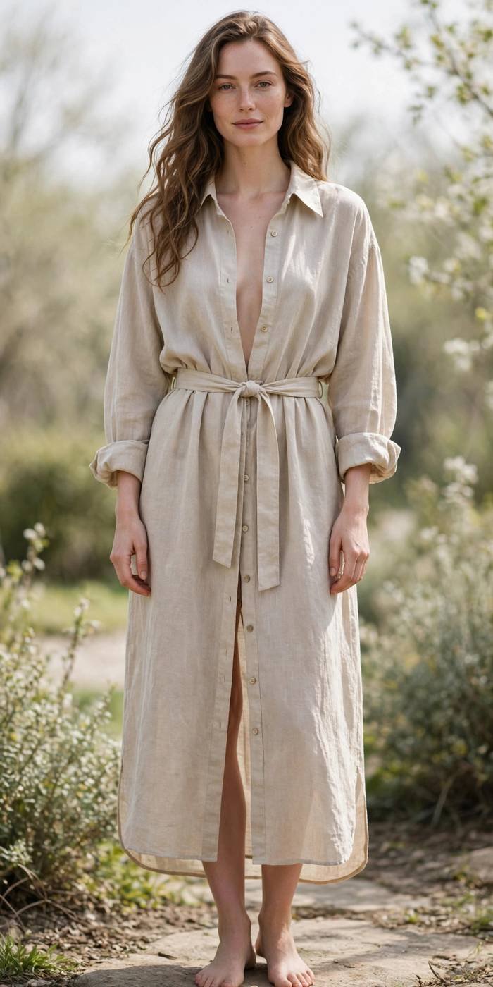Woman wearing an oversized linen shirt as a dress